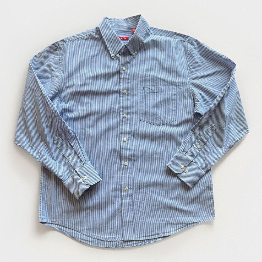 IZOD Button Down Shirt Mens Blue Stripe Long Sleeve Cotton Size Large